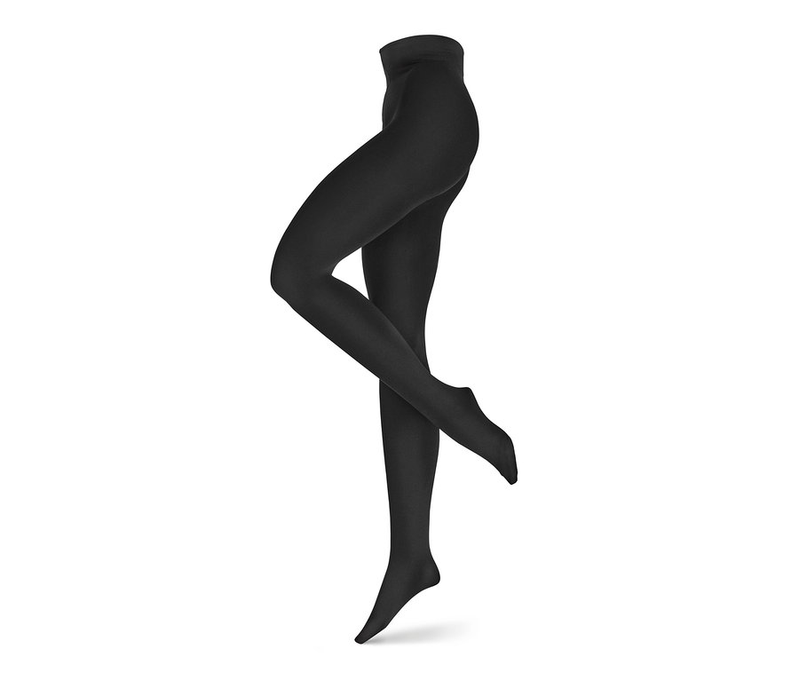 Beine einer Schaufensterpuppe in schwarzer Thermostrumpfhose.