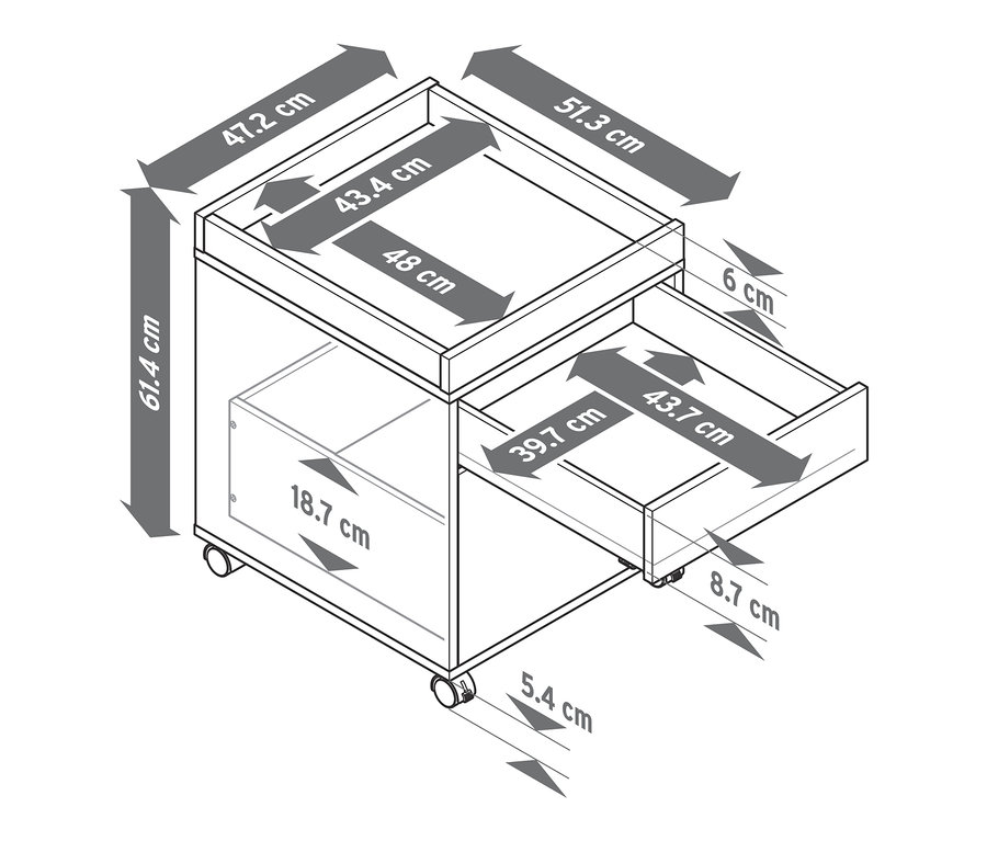 Eine Skizze von einem Rollcontainer mit Ablage und Bemaßungen.