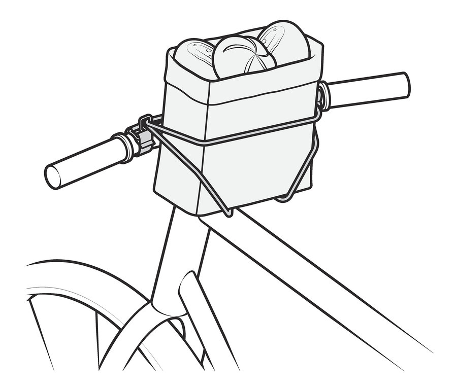 Korb mit Baguettes, der mit einem Lenkerspannband am Lenker befestigt ist.