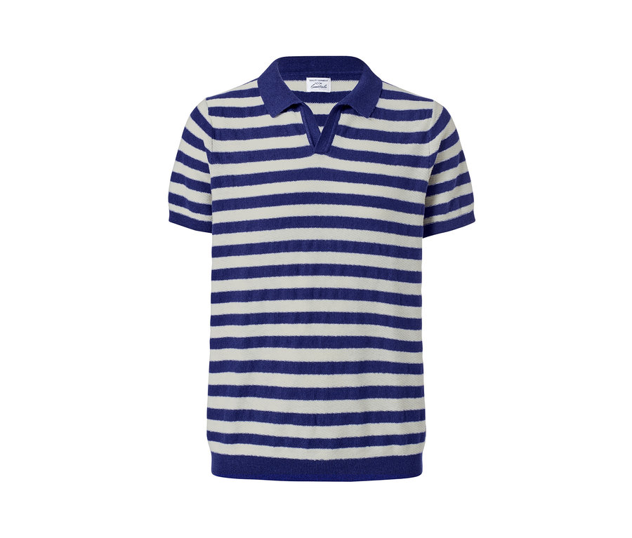 Offwhite-navy gestreiftes Leinen-Poloshirt.