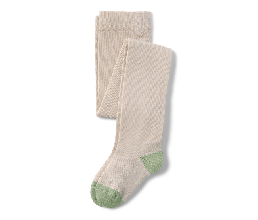Eine beigefarbene Strumpfhose mit grünen Zehen, 3 Paar.