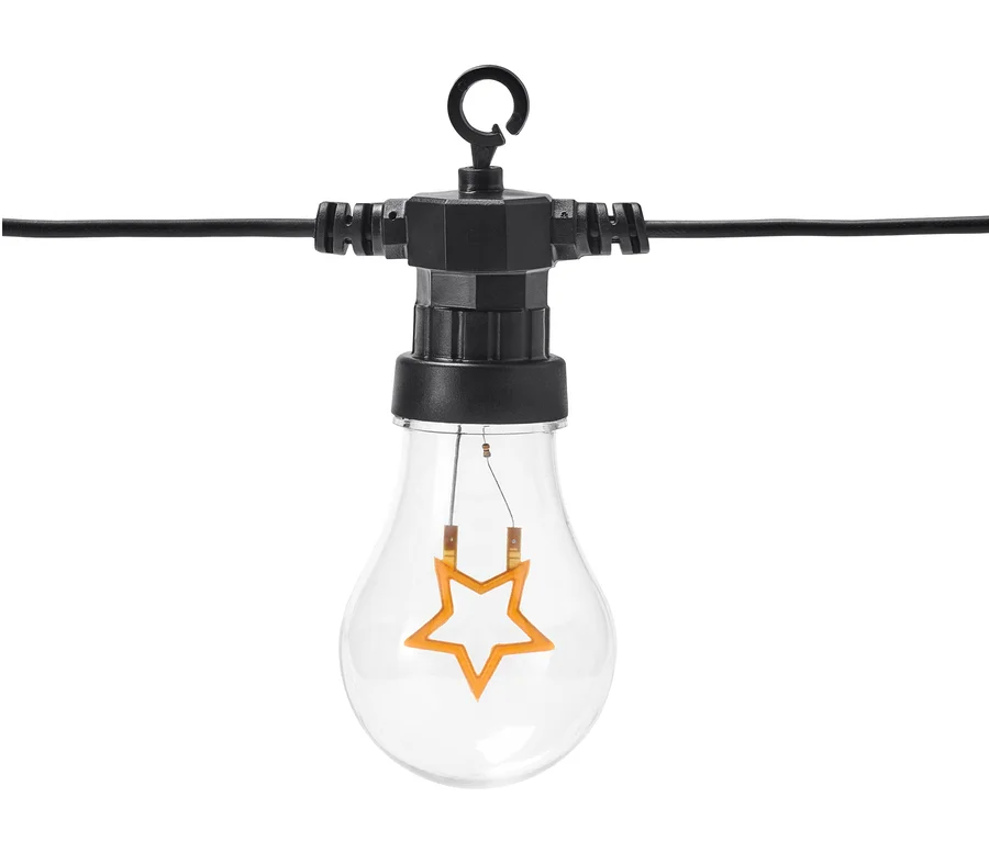 Nahaufnahme einer LED-Filament-Lichterkette mit einem sternförmigen Leuchtmittel.