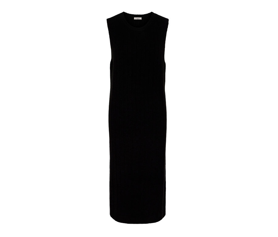 Schwarzes, geripptes Strickkleid.