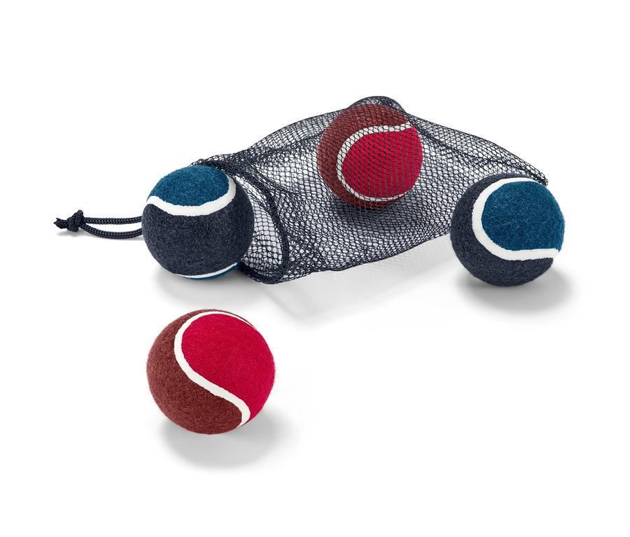 Vier Hunde-Spielzeugbälle liegen teilweise in einem schwarzen Netzbeutel.