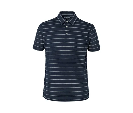 Marineblaues Jersey-Poloshirt mit kurzen Ärmeln und horizontalen Streifen.
