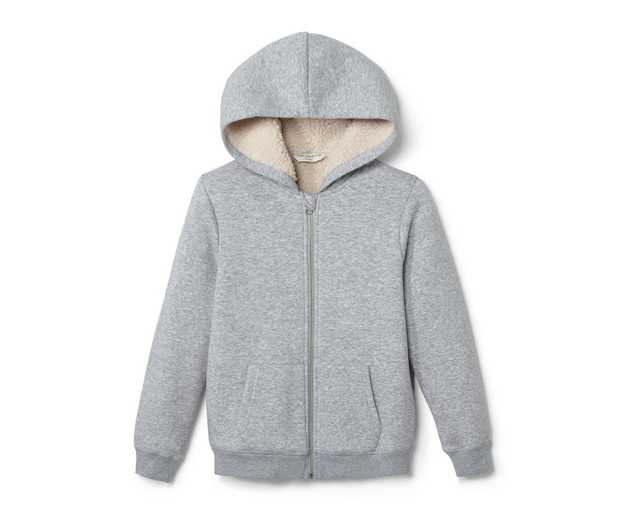 Eine graue Kinder-Sweat-Jacke mit Kapuze und Reißverschluss.