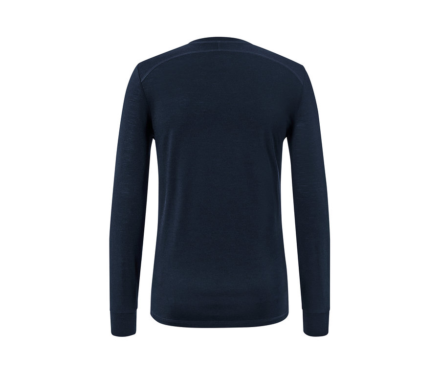 Dunkelblaues Langarmshirt mit RWS-zertifizierter Wolle, Rückansicht.