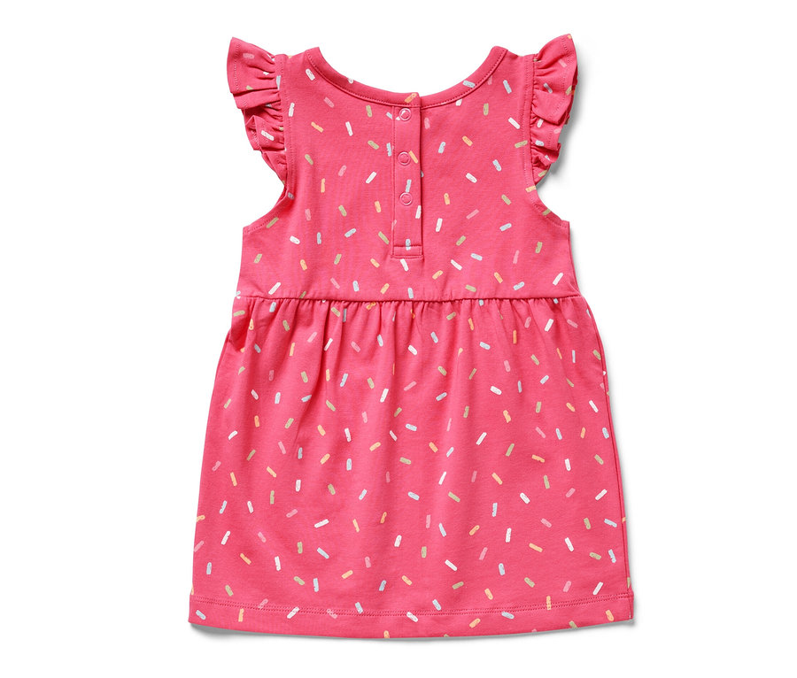 Rosa Kinder-Jerseykleid mit Rüschenärmeln und Streusel-Print.