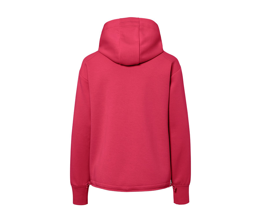 Rückansicht der beerenfarbenen Kapuzen-Sweatjacke.