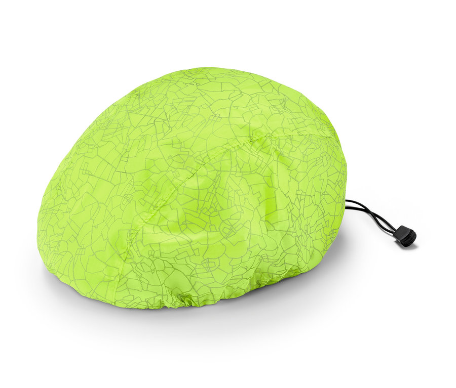 Neongrüner Fahrradhelm-Überzug mit grauem geometrischen Muster und Kordelzug.