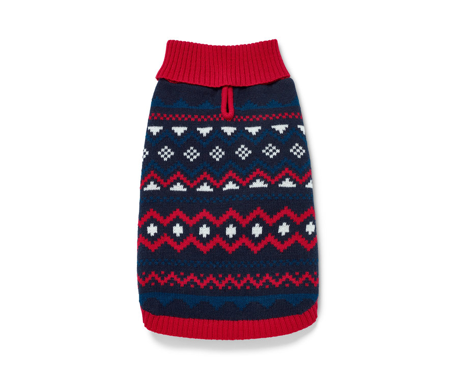 Hundepullover mit Strickmuster in Blau, Rot und Weiss.
