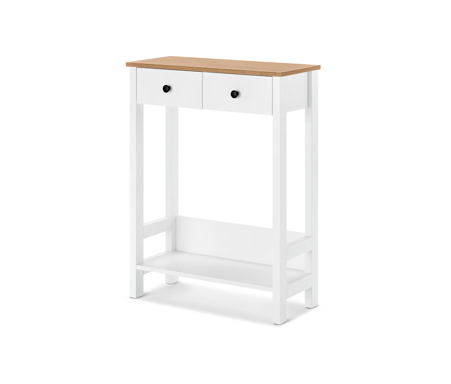 Eine Konsole mit 2 Schubladen, einer Holzplatte und einem weißen Rahmen.