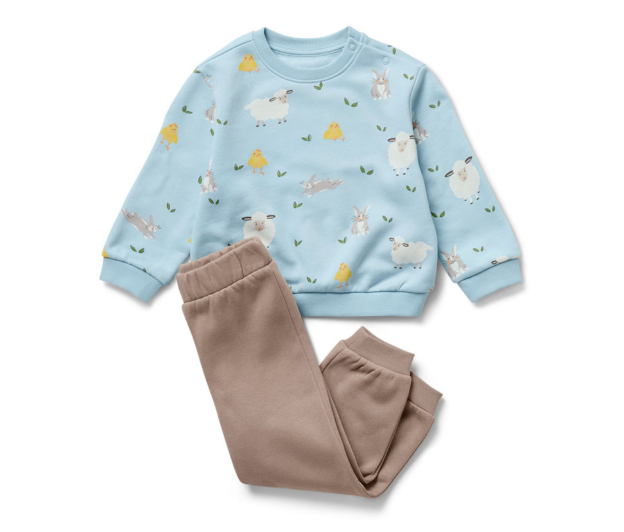 Hellblaues Baby-Sweat-Set mit Schaf-, Küken- und Hasenmuster.