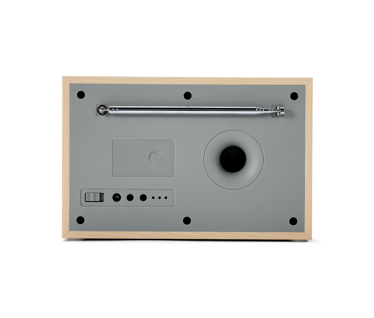 Rückseite eines DAB+/FM-Digitalradios mit Bluetooth® und Teleskopantenne.