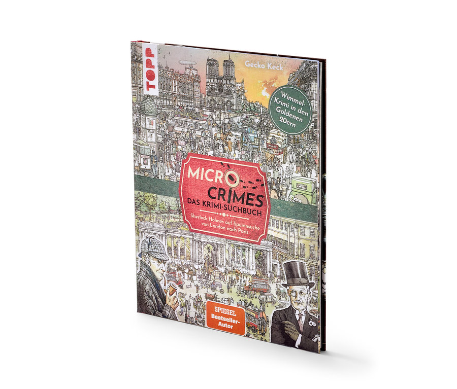 Buch "Micro Crimes – das Krimi-Suchbuch" mit Illustration einer Stadt und Figuren.