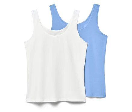 Zwei Damen Tanktops: eins in Weiß und eins in Blau.