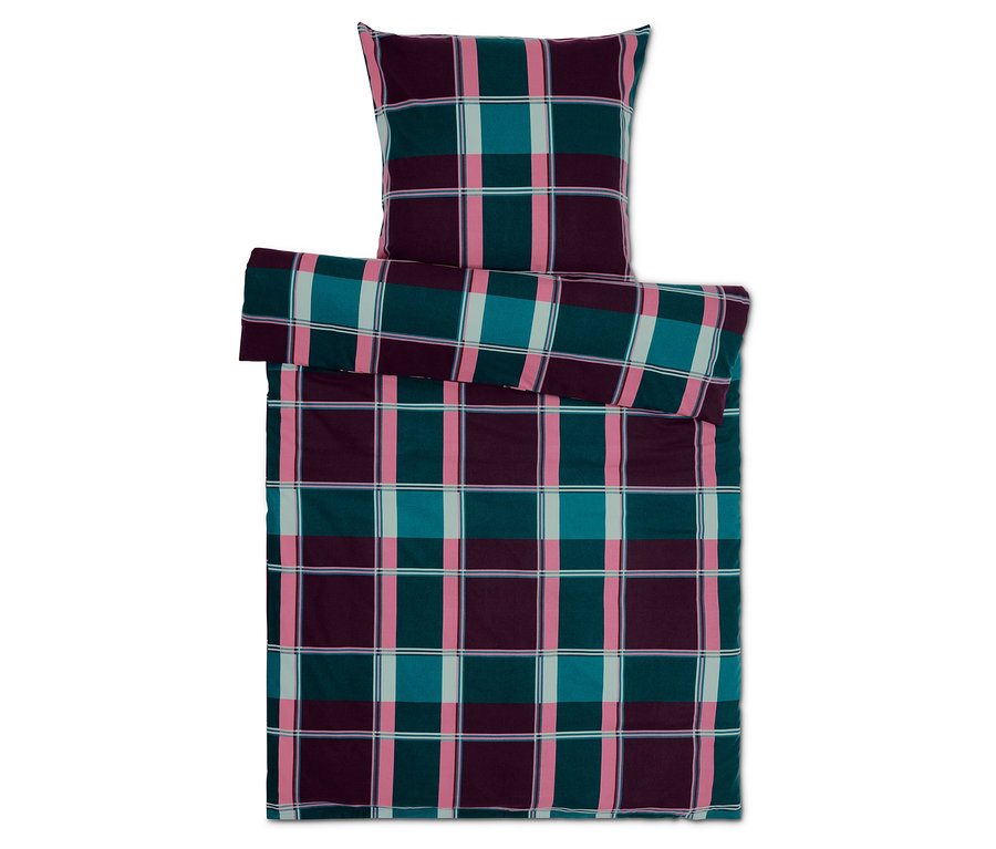 Bettbezug und Kissen mit Karomuster in Lila-, Grün-, Rosa- und Weißtönen.