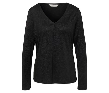 Schwarze, langärmlige Bluse mit V-Ausschnitt.