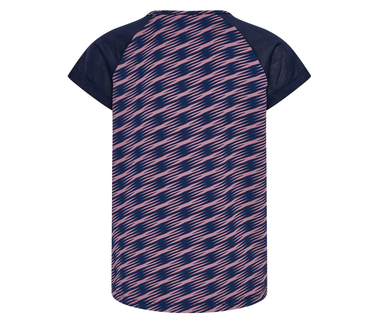 Blaues HUMMEL HMLJR Mix T-Shirt S/S mit rosafarbenem Muster.