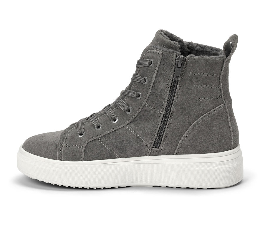 Grauer Schnür- und Reißverschluss-Sneaker auf weißer Sohle.