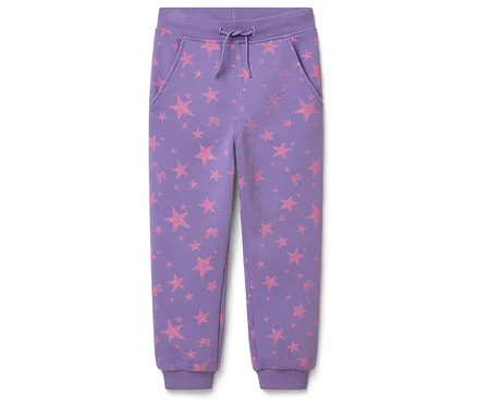 Lila Jogginghose mit rosa Sternen.
