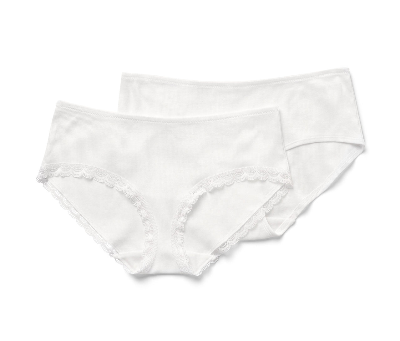Zwei weiße Pantys aus Rippe mit Spitze.