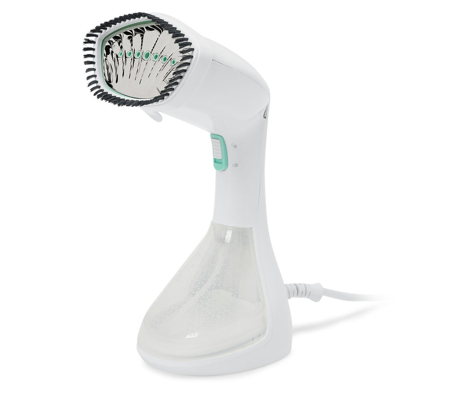 Ein weißer, handlicher Kleidungsdampfer mit transparentem Wassertank.