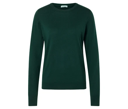 Dunkelgrüner Merino-Feinstrickpullover.