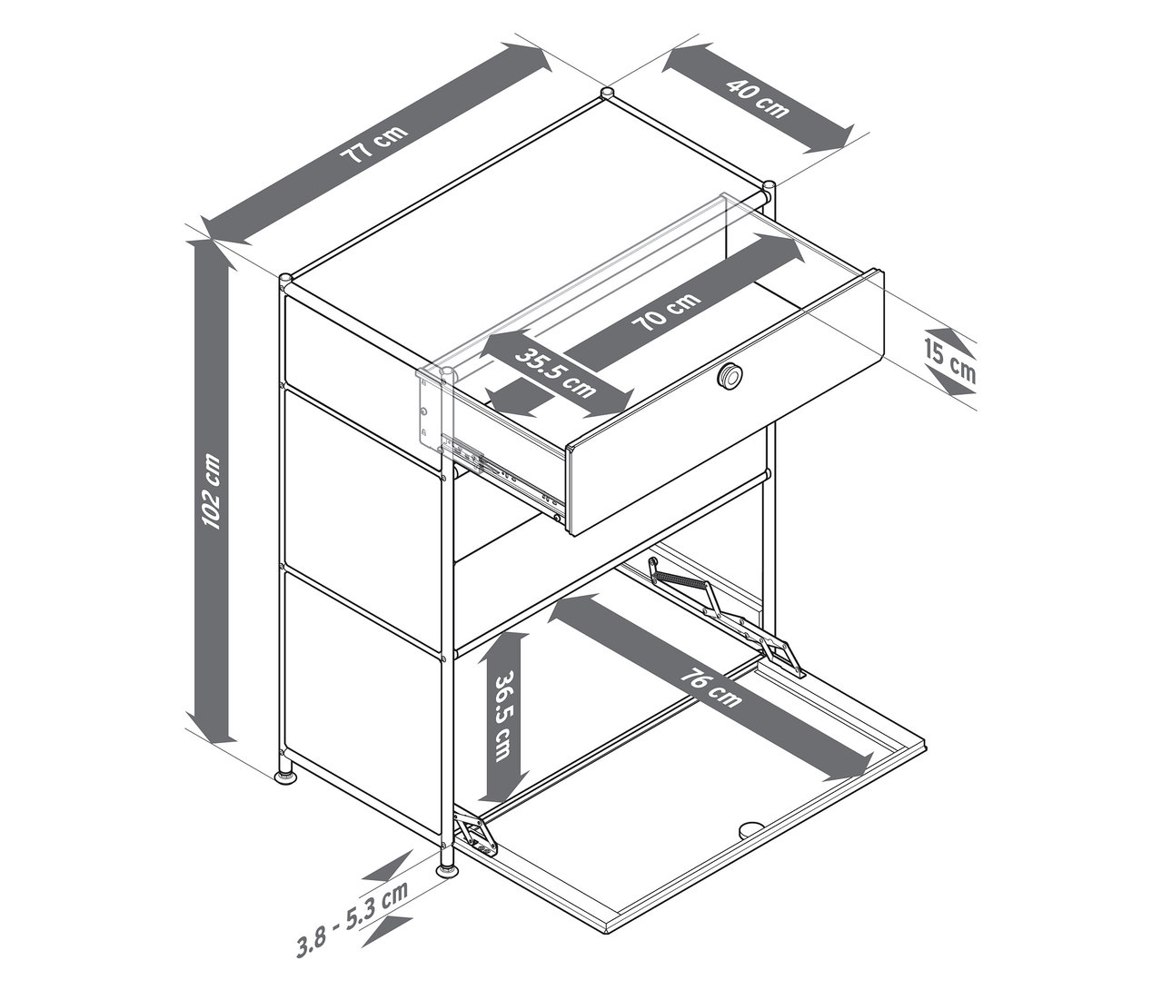 Eine Skizze der Metallkommode »CN3« mit 3 Schubladen und 1 Klappfach mit hervorgehobenen Maßen.