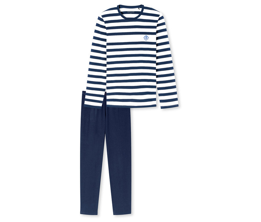 Ein SCHIESSER Pyjama-Set liegt auf einem weißen Hintergrund, bestehend aus einem langärmligen, weiß-blau gestreiften Oberteil und einer marineblauen Hose.