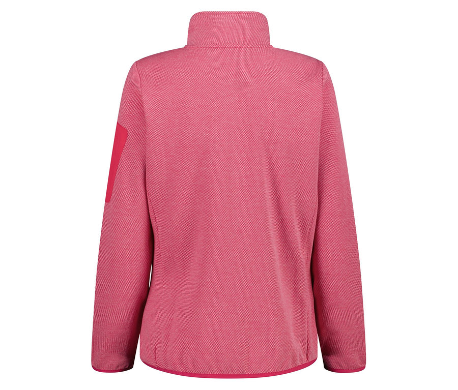 Rückansicht einer pinkfarbenen Fleecejacke mit hohem Kragen und Reißverschluss.