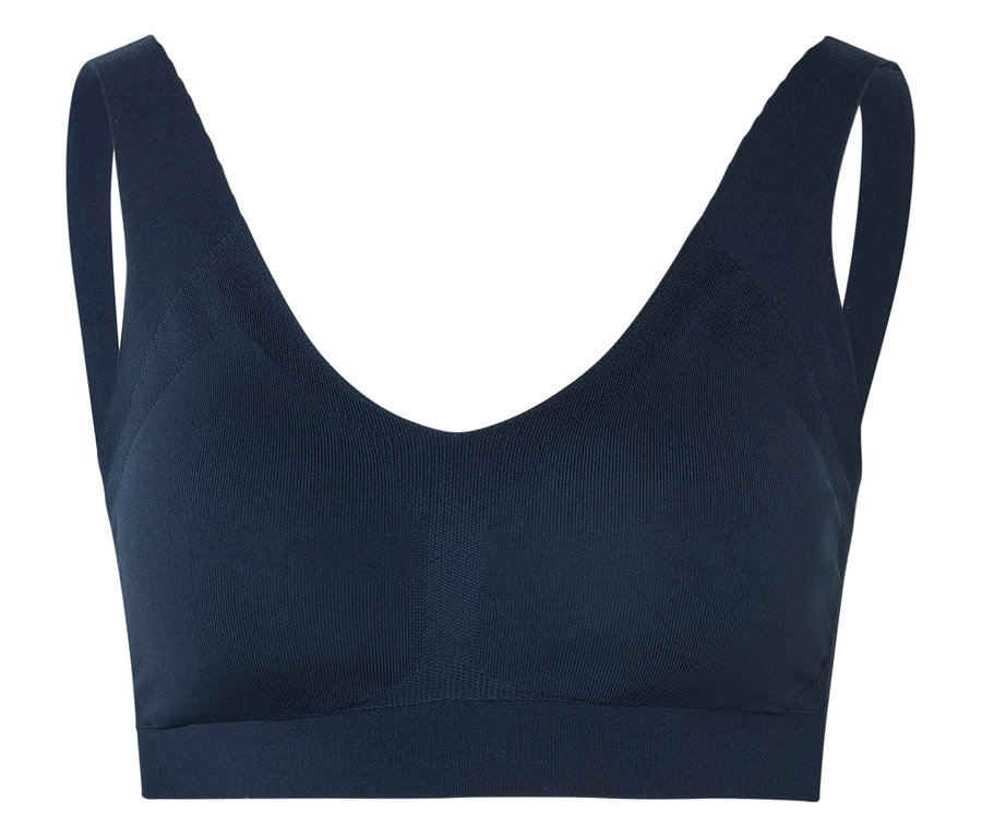 Blauer Sport-BH mit V-Ausschnitt und breiten Trägern.