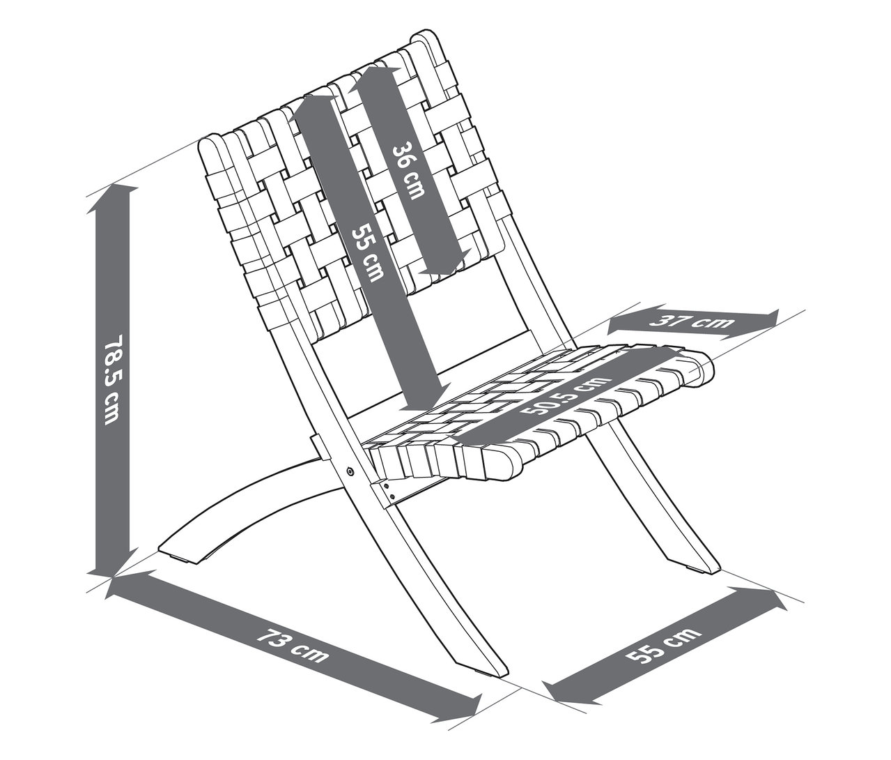 Draufsicht einer Stuhlskizze mit Breiten- und Höhenmaßen.
