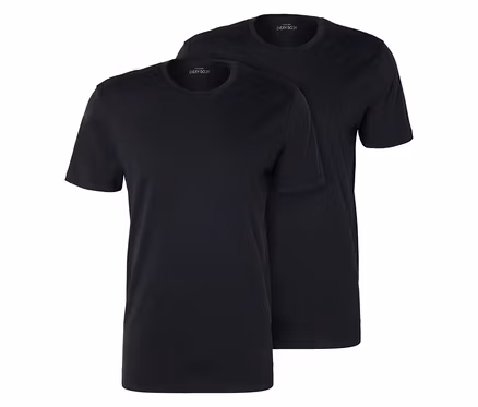 Zwei schwarze T-Shirts liegen übereinander, wobei das vordere T-Shirt leicht nach links versetzt ist.