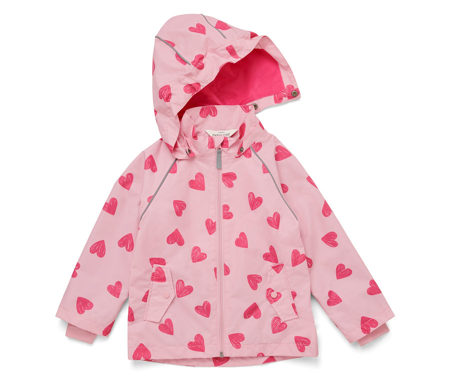 Rosa Kinderregenjacke mit Kapuze, verziert mit pinkfarbenen Herzen.