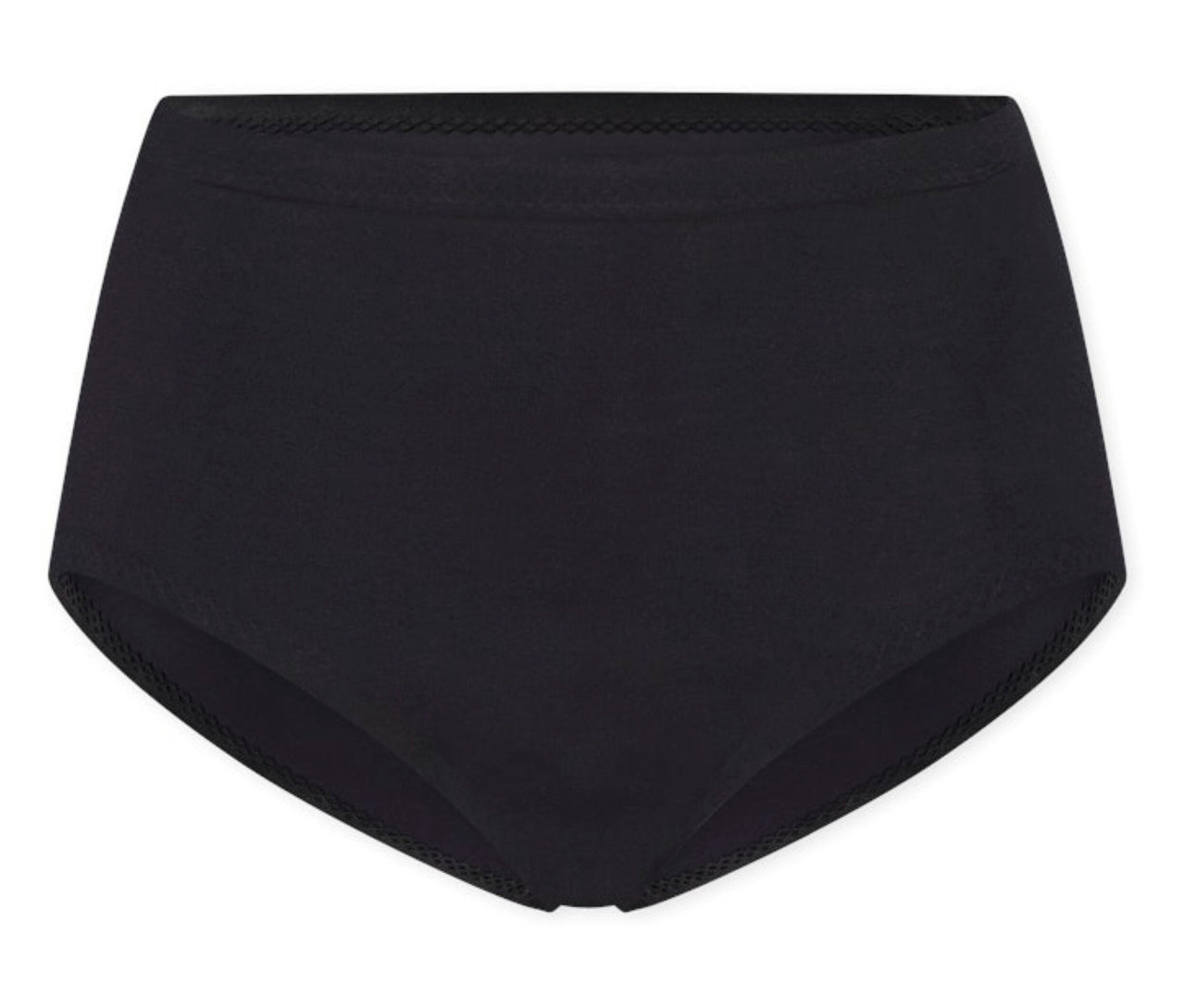 Schwarze, hoch taillierte Damenunterhose vor neutralem Hintergrund.