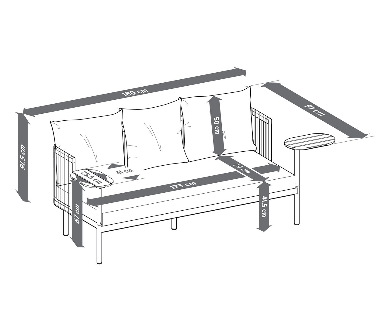 Maße des Gartensofas mit 2 Drehtischen.