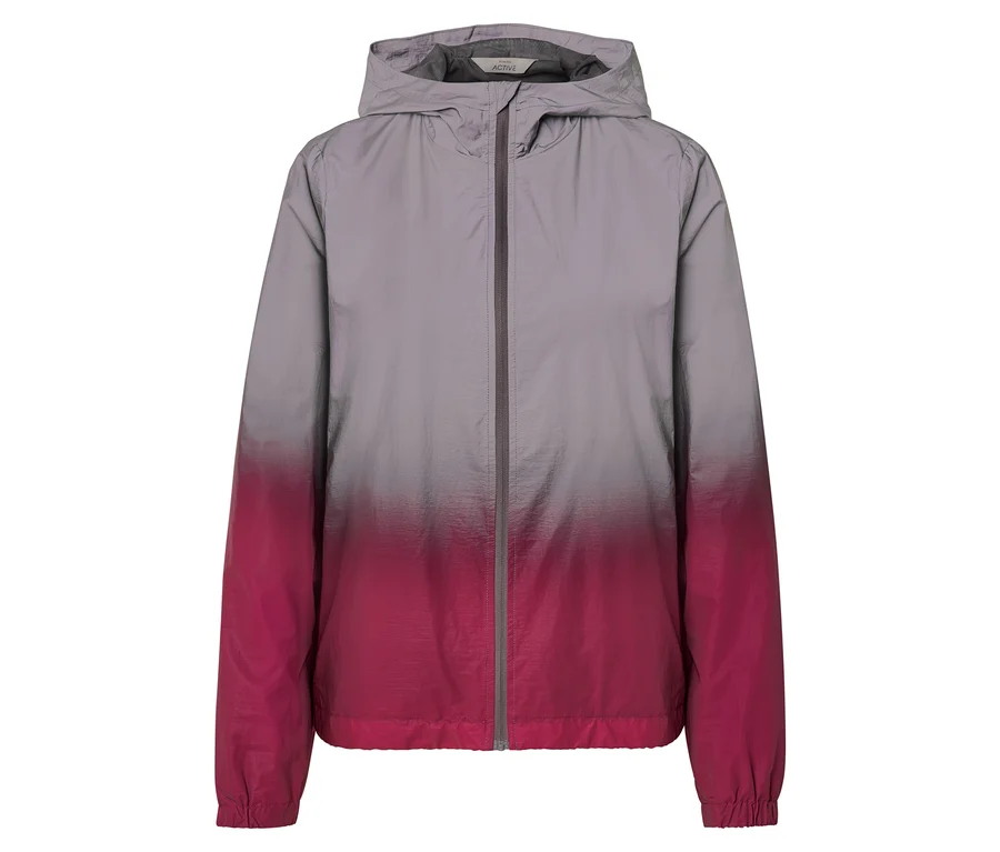 Reflektierende Sportjacke mit grau-pinkem Farbverlauf, Kapuze und Reißverschluss.