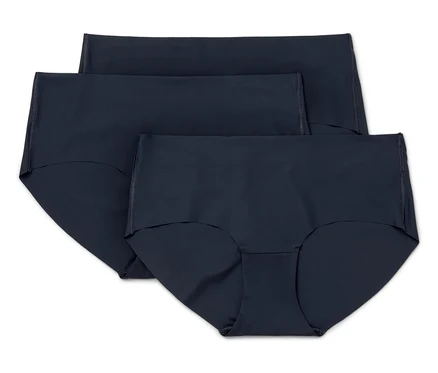 Drei marineblaue Damenunterhosen liegen übereinander.