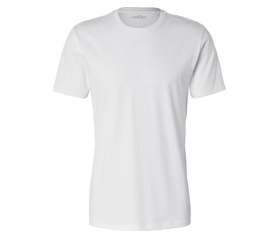 Weißes, kurzärmeliges T-Shirt, das auf einem weißen Hintergrund liegt.