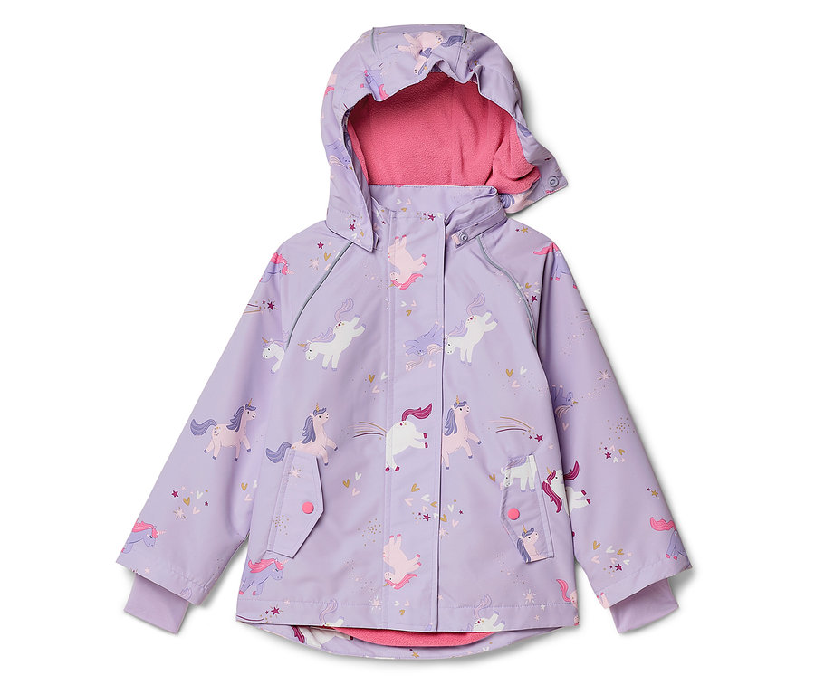 Lila Kinderregenjacke mit Kapuze und Einhornmuster, gefüttert mit rosa Fleece.