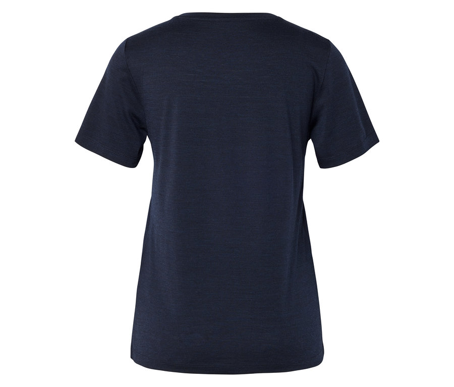 Dunkelblaues kurzärmeliges T-Shirt, von hinten gesehen, mit leicht strukturierter Stoffoberfläche.
