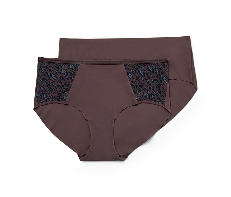 Zwei braune Damen-Slips, der obere mit blauem Leopardenmuster an den Seiten.