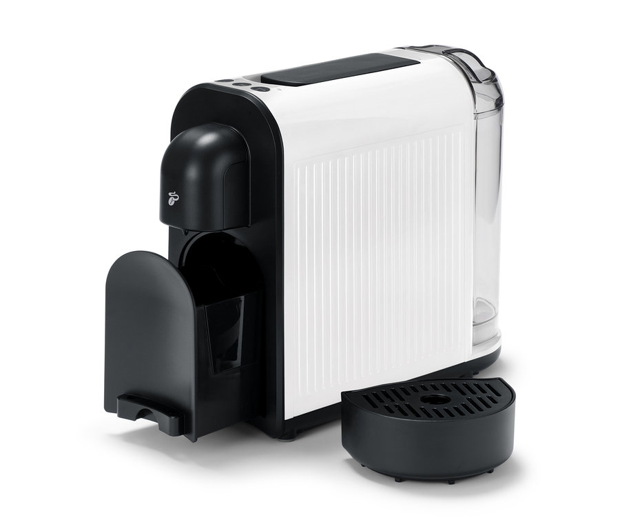 Cafissimo now white Kaffeemaschine mit abnehmbarem Abtropfbehälter und Wassertank.