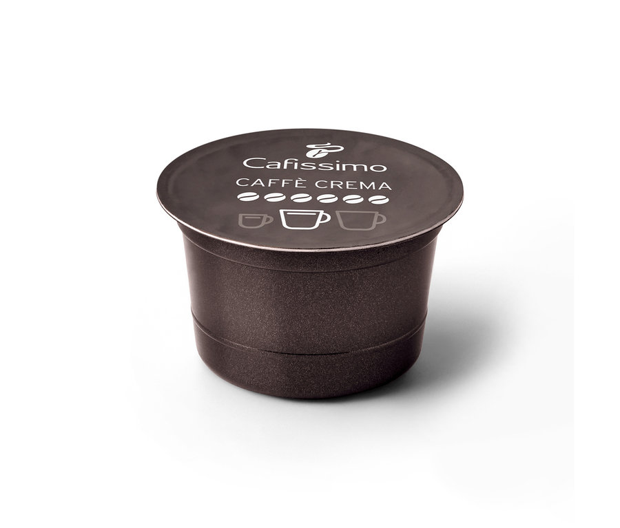 Dunkelbraune Cafissimo Caffè Crema kräftig Kapsel mit weißem Schriftzug und Stärkeanzeige auf dem Deckel.