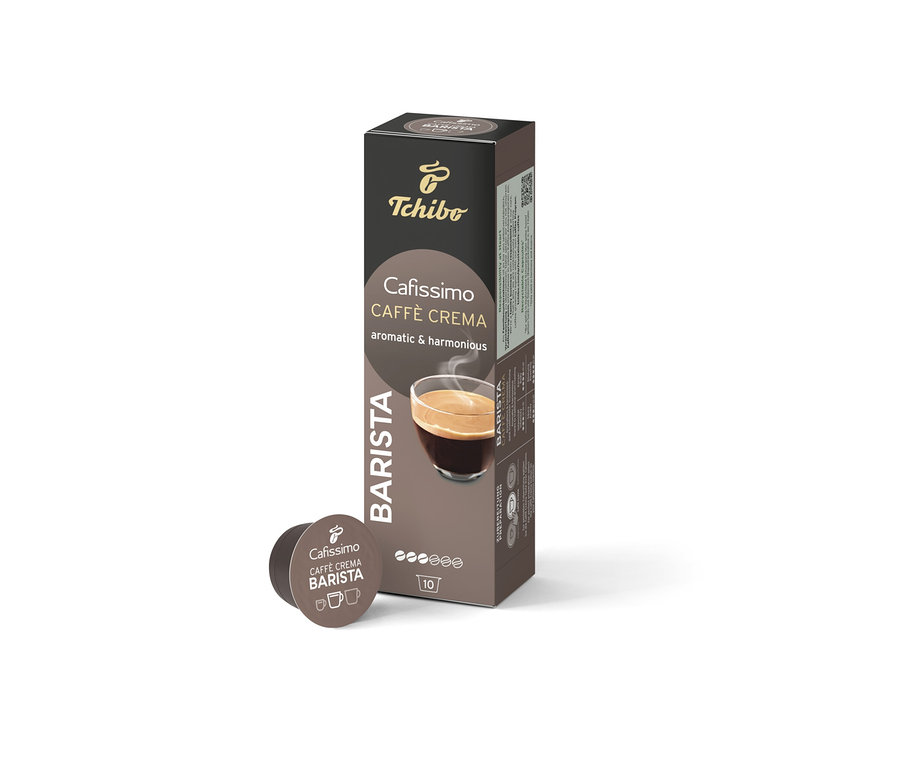 Eine Packung und eine Kapsel Cafissimo BARISTA Caffè Crema.