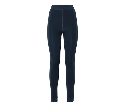 Dunkelblaue, hochgeschnittene Leggings mit sichtbaren Nähten.