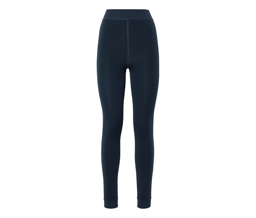 Dunkelblaue, hochgeschnittene Leggings mit sichtbaren Nähten.