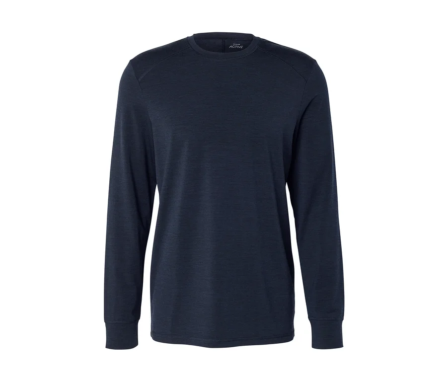 Dunkelblaues Langarmshirt mit Rundhalsausschnitt, gerippten Bündchen und kleinem „ACTIVE“-Etikett am Kragen.