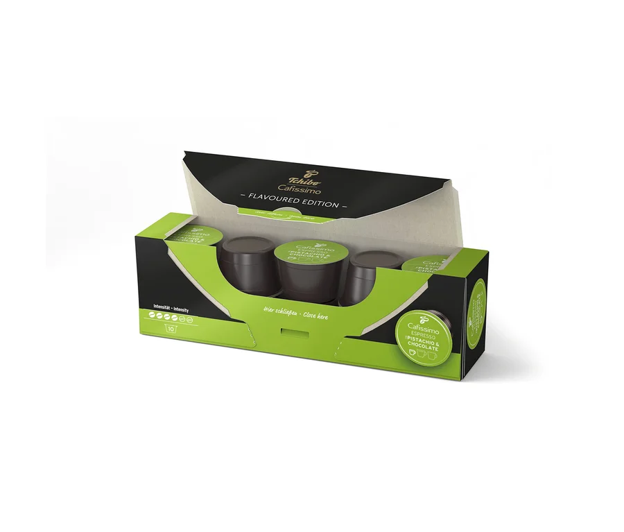 Eine Packung Cafissimo Flavoured Espresso - Pistachio & Chocolate Kapseln.